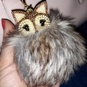 Purse charm keychain fox pom pom
